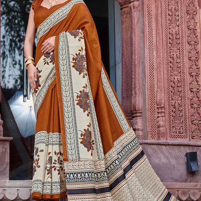 Brown & Beige Printed Bhagalpuri Silk Saree