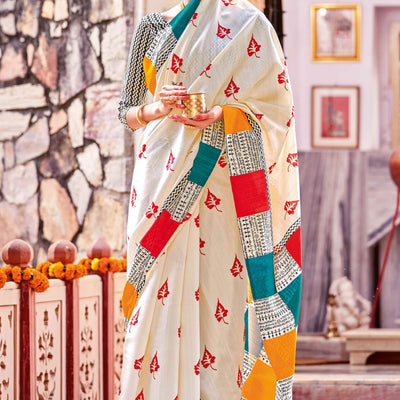 Cream Printed Bhagalpuri Silk Saree