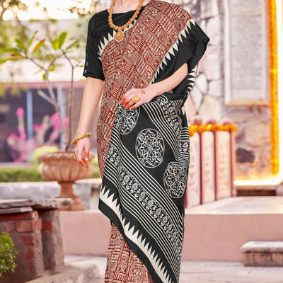 Dark Rust & Black Printed Bhagalpuri Silk Saree
