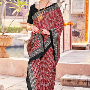 Maroon & Black Printed Bhagalpuri Silk Saree