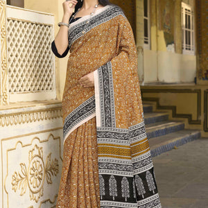 Dark Mustard Printed Bhagalpuri Silk Saree