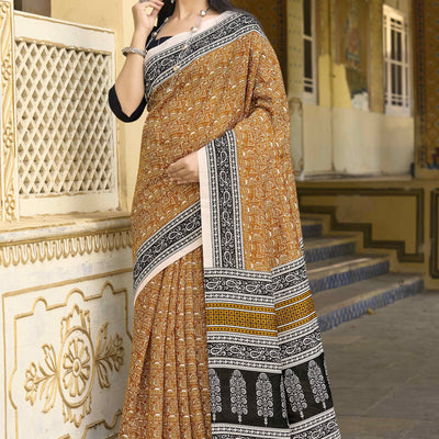 Dark Mustard Printed Bhagalpuri Silk Saree