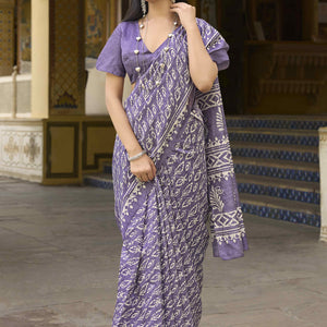 Lavender Floral Printed Bhagalpuri Silk Saree