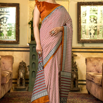 Maroon & White Zag-Zag Printed Bhagalpuri Silk Saree