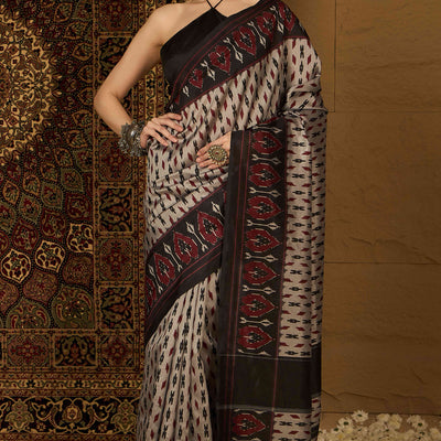 Grey Printed Bhagalpuri Silk Saree