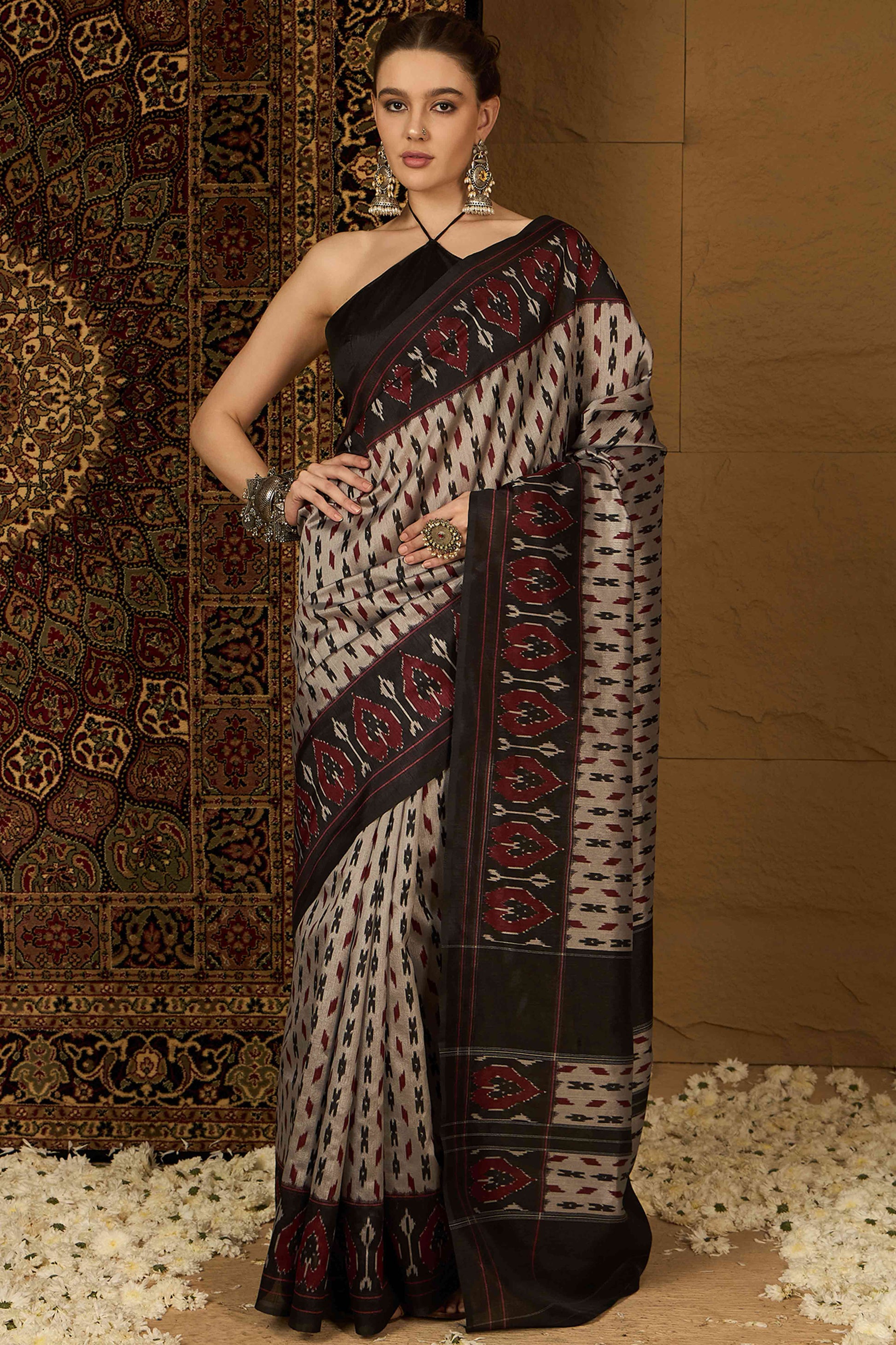 Grey Printed Bhagalpuri Silk Saree