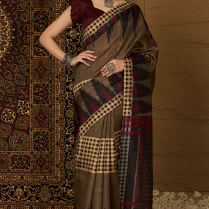 Brown Checks Printed Bhagalpuri Silk Saree