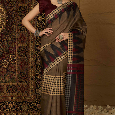 Brown Checks Printed Bhagalpuri Silk Saree