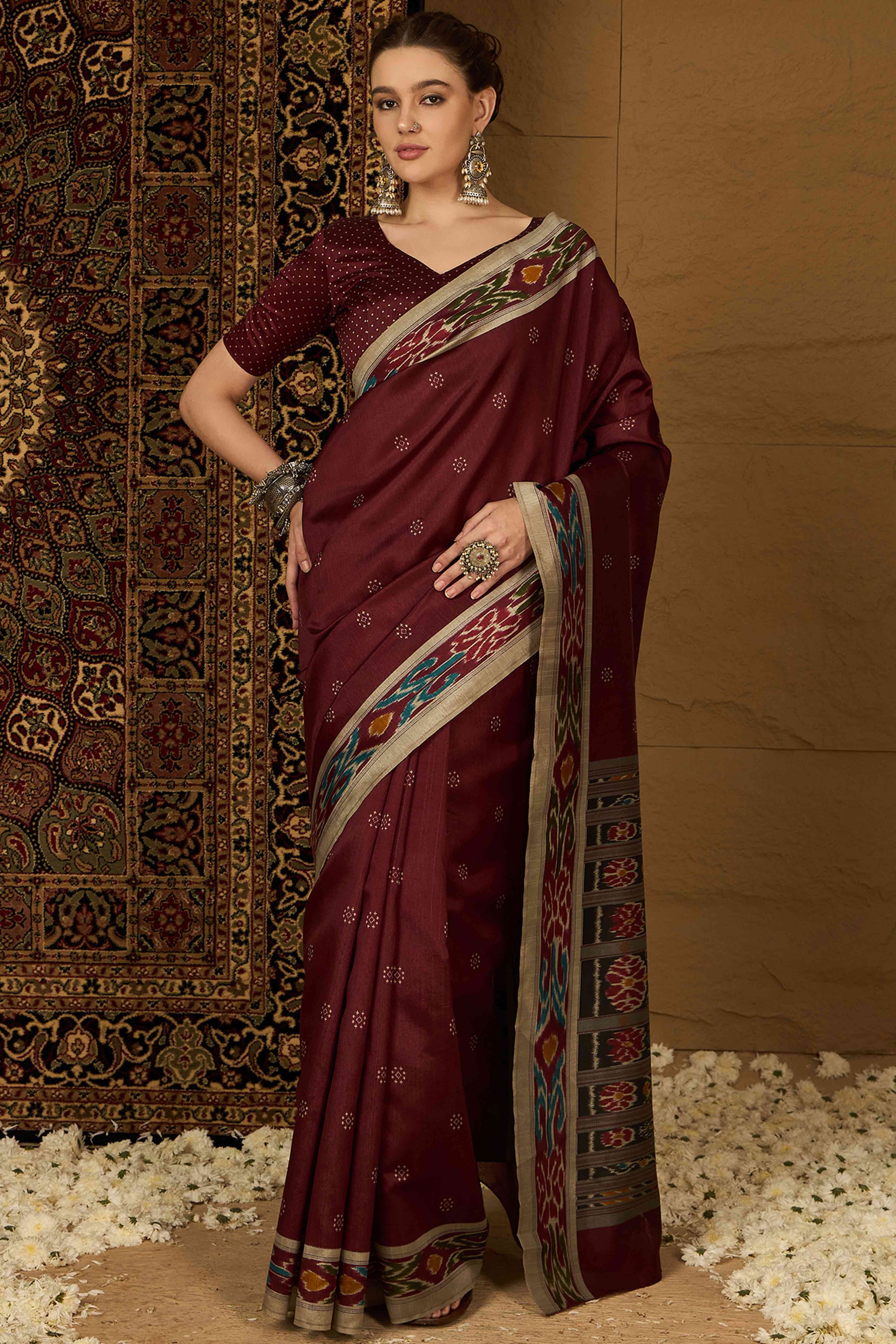 Maroon Printed Bhagalpuri Silk Saree
