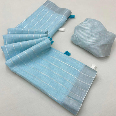 Blue Zari Woven Linen Saree With Tassels