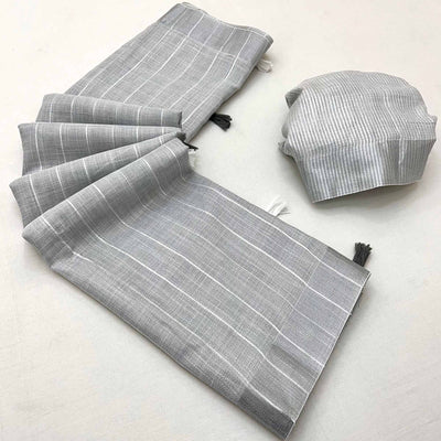 Grey Zari Woven Linen Saree With Tassels