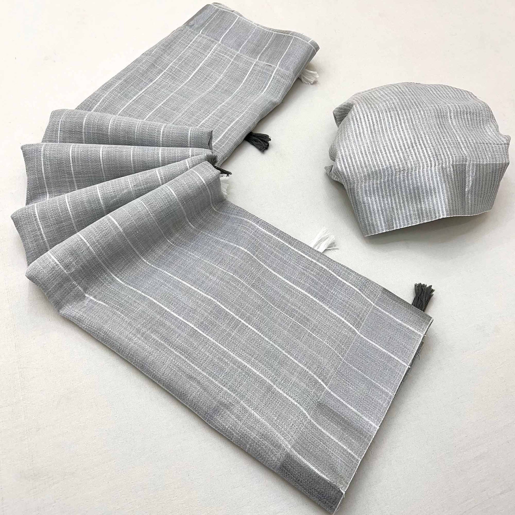 Grey Zari Woven Linen Saree With Tassels