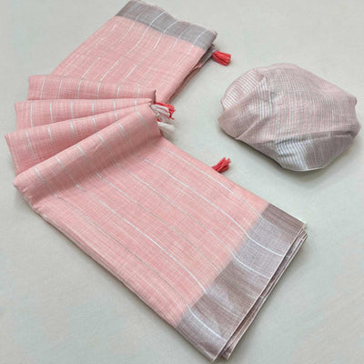 Light Pink Zari Woven Linen Saree With Tassels
