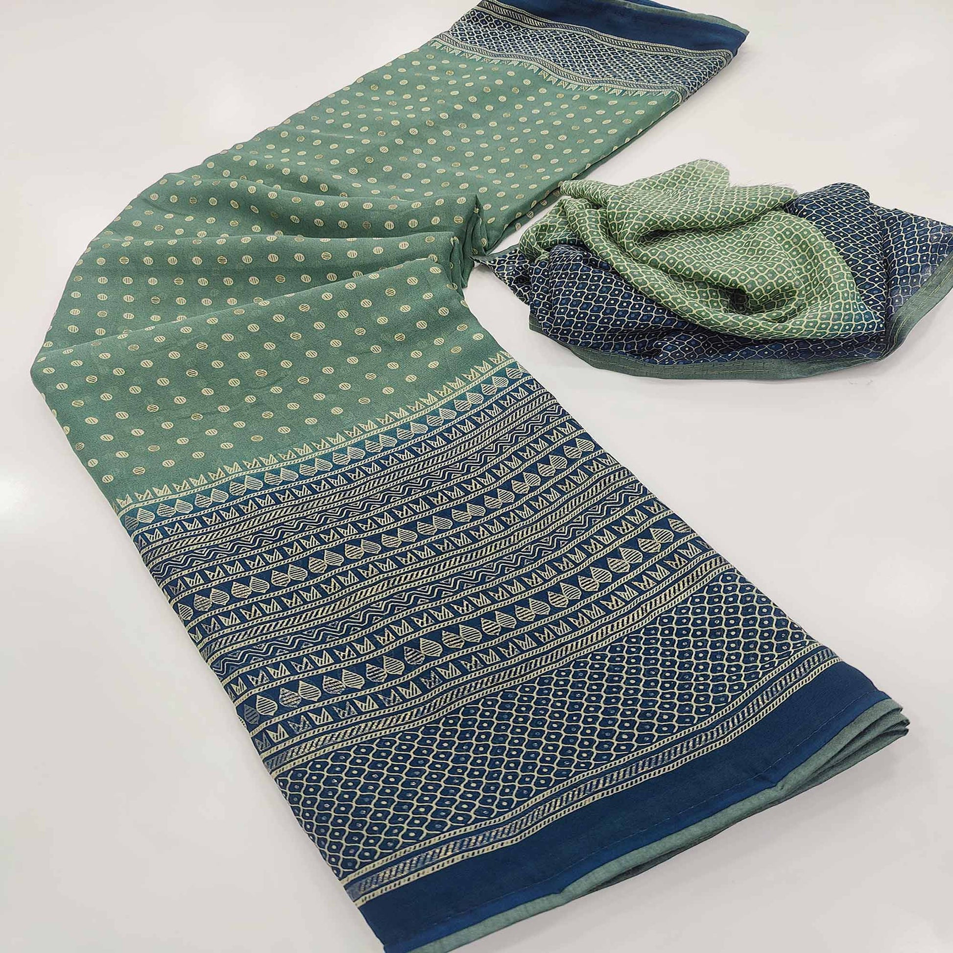 Dusty Green Foil Printed Georgette Saree