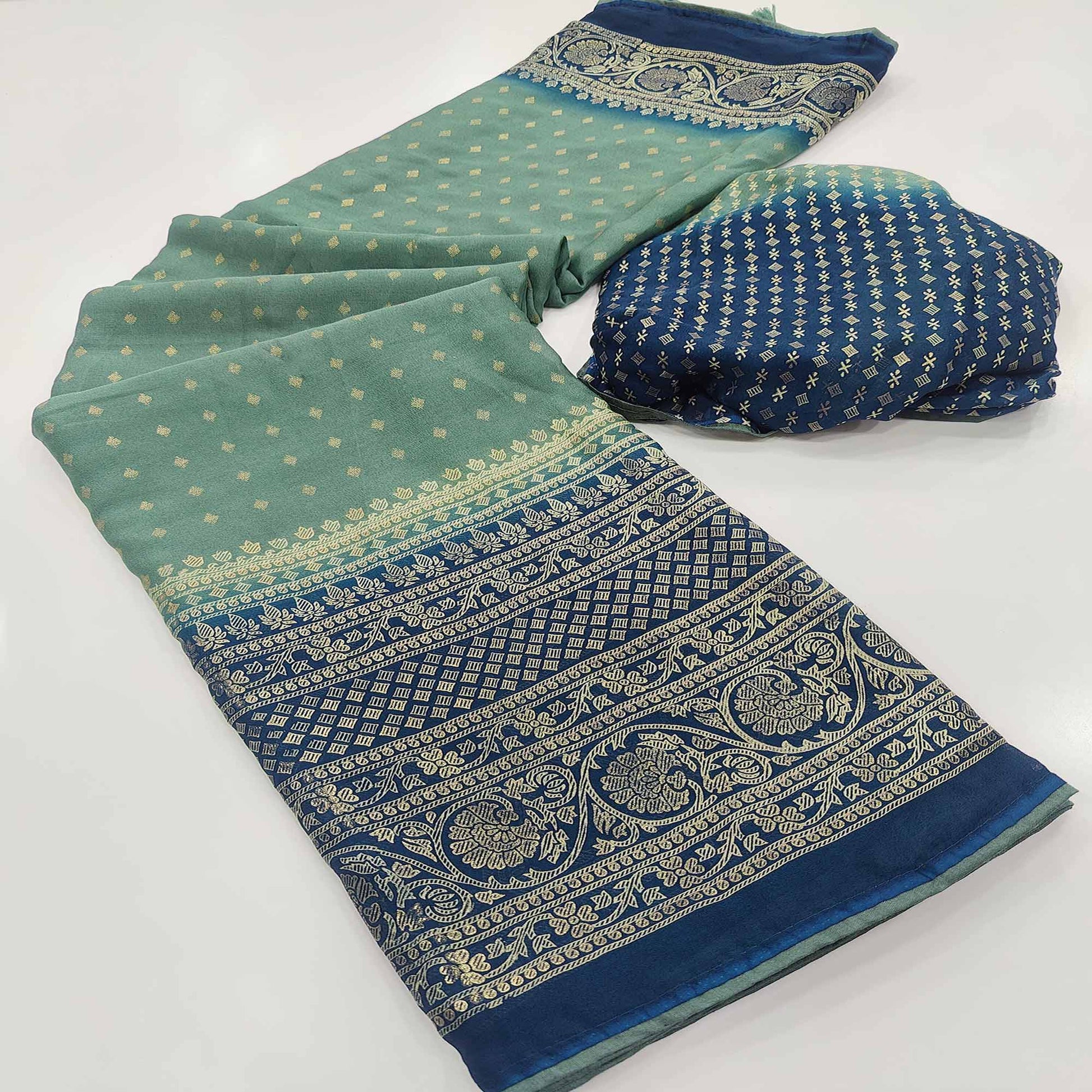 Dusty Green Foil Printed Georgette Saree