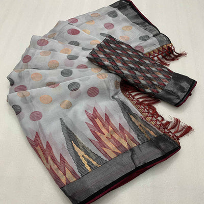 Grey Woven Art Silk Saree With Tassels