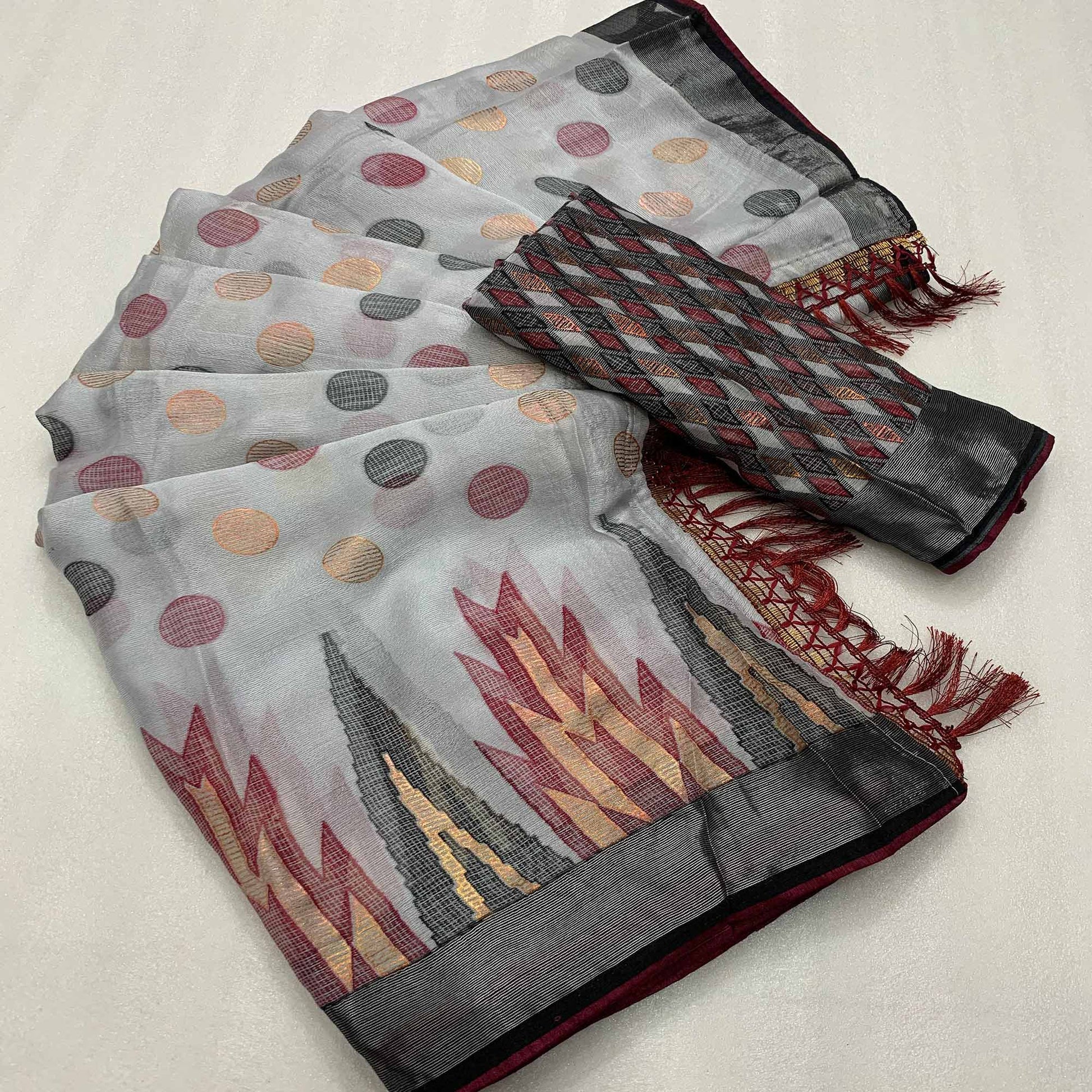 Grey Woven Art Silk Saree With Tassels