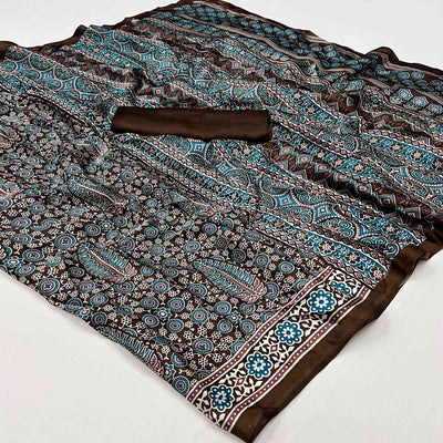 Brown & Blue Ajrakh Printed Satin Saree