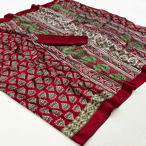 Dark Maroon Ajrakh Printed Satin Saree