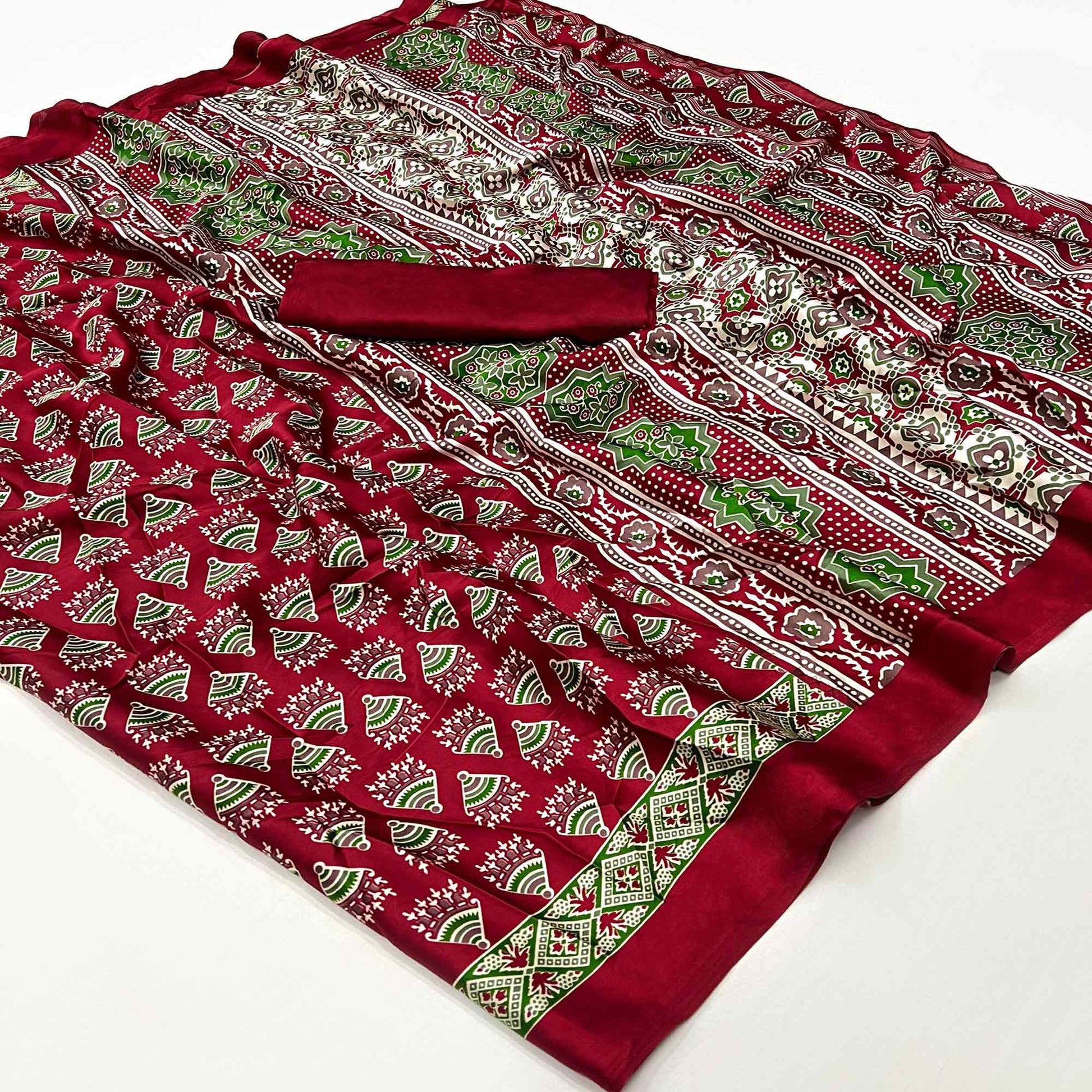 Dark Maroon Ajrakh Printed Satin Saree