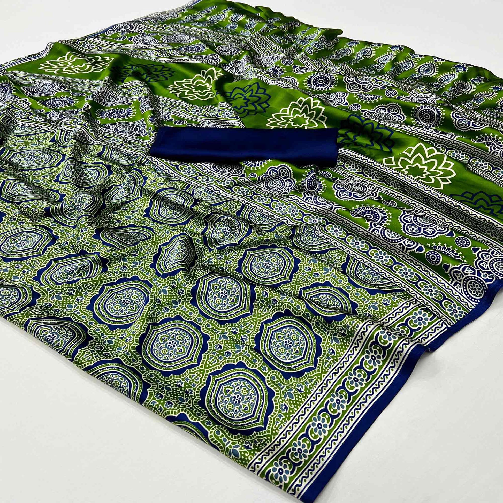 green-ajrakh-printed-satin-saree