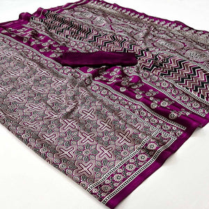 Magenta Ajrakh Printed Satin Saree