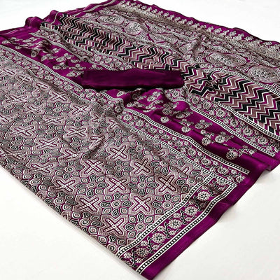 Magenta Ajrakh Printed Satin Saree