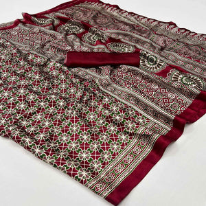 Maroon Ajrakh Printed Satin Saree
