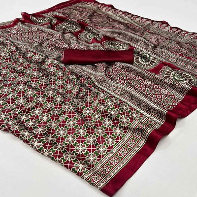 Maroon Ajrakh Printed Satin Saree