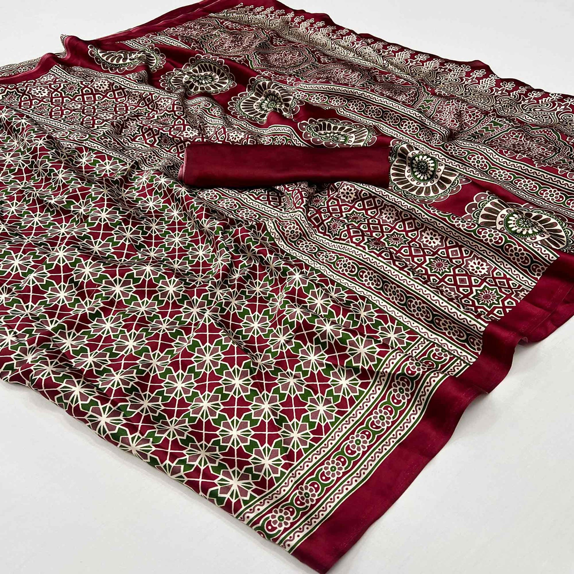 Maroon Ajrakh Printed Satin Saree