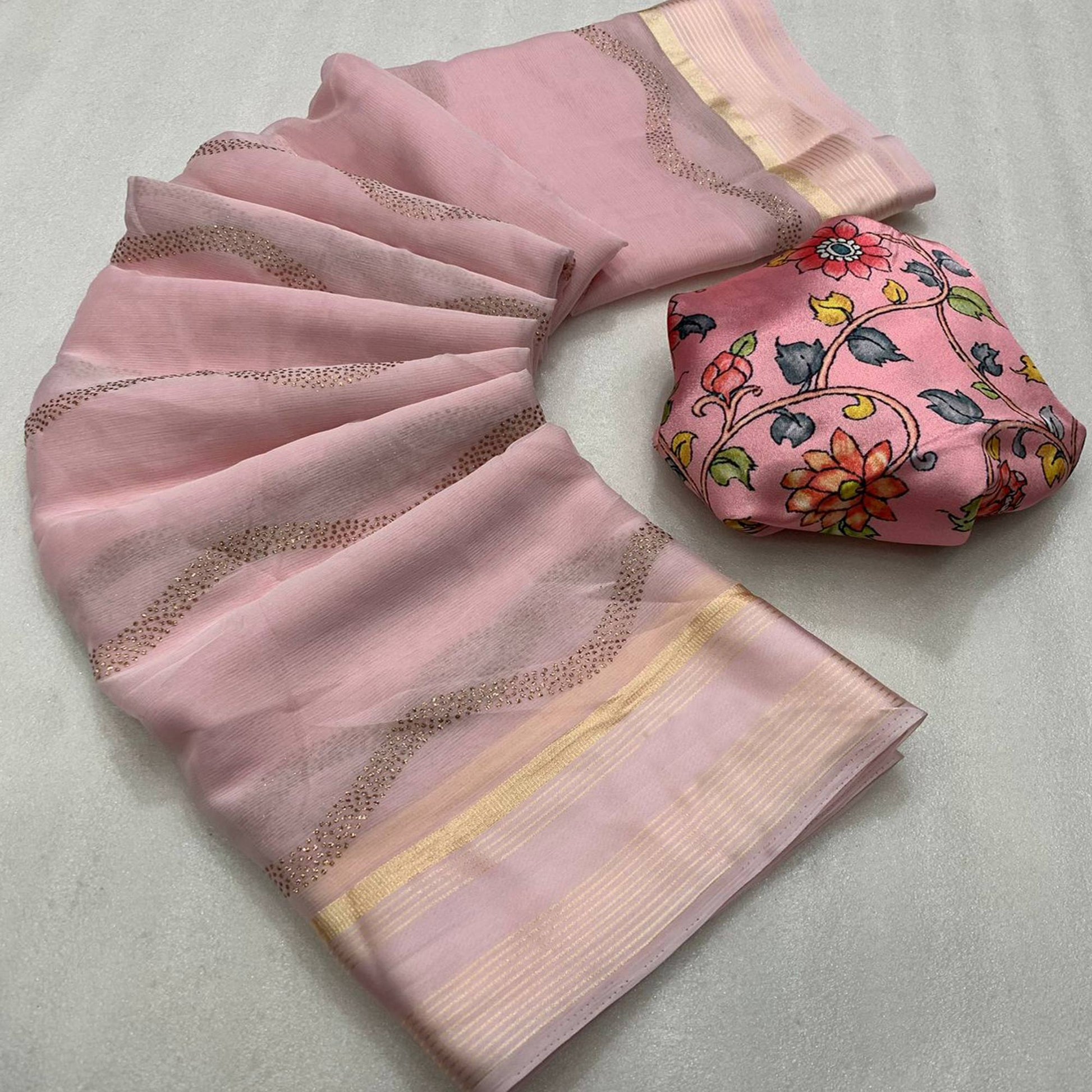 Light Peach Foil Printed Chiffon Saree