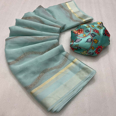 Light Sea Green Foil Printed Chiffon Saree