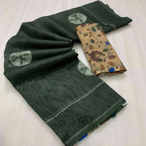 green-batik-printed-linen-saree