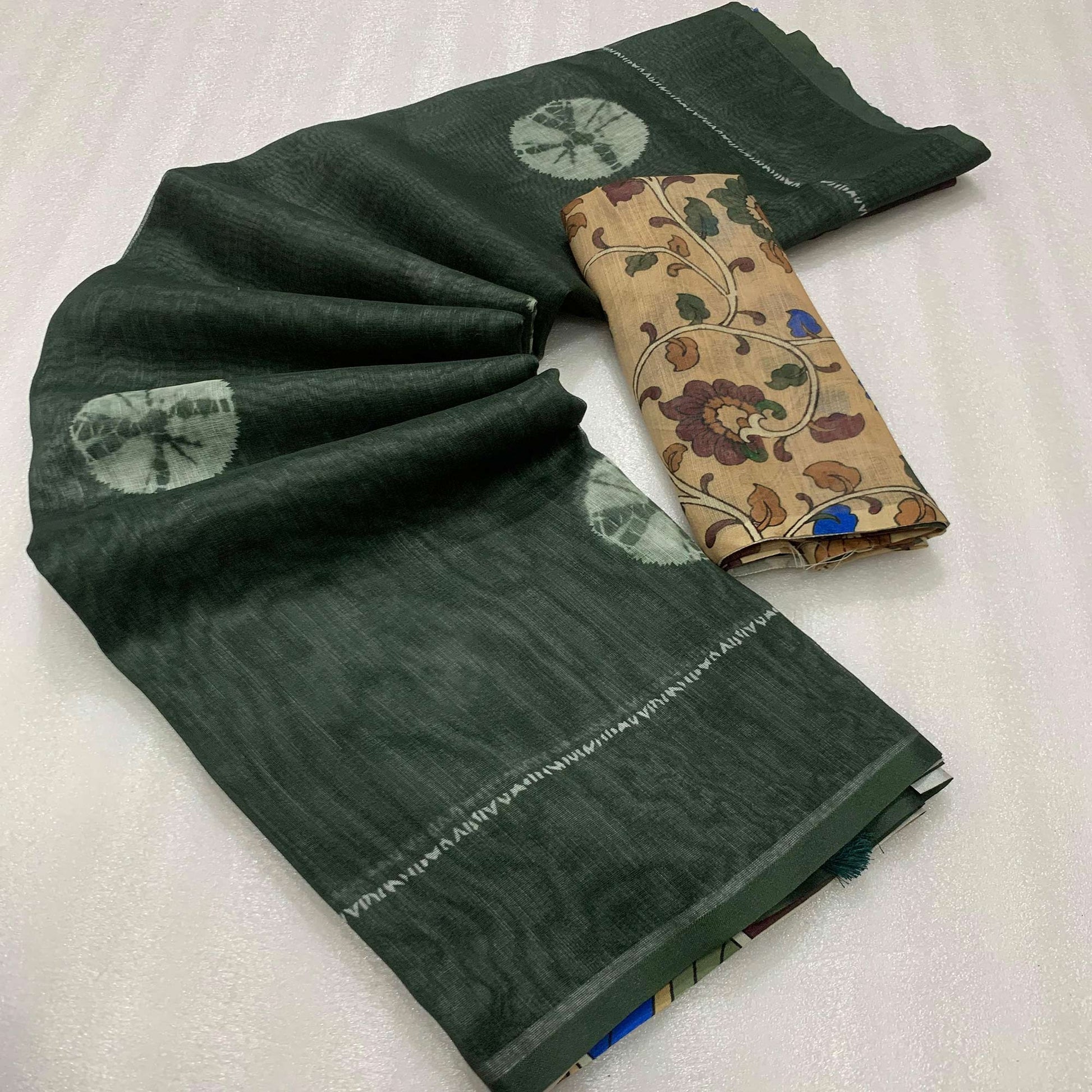 green-batik-printed-linen-saree