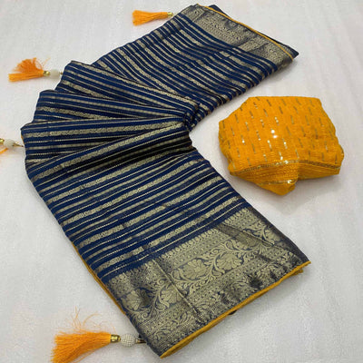 Blue Woven Georgette Saree With Tassels