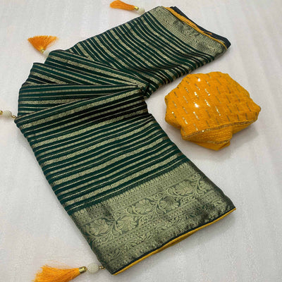 Dark Green Woven Georgette Saree With Tassels