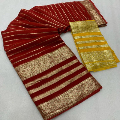 Dark Red Striped Zari Woven Viscose Saree