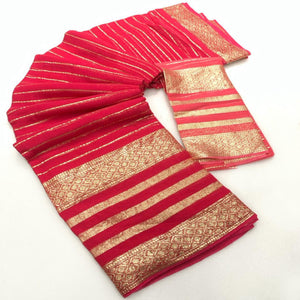 Gajari Pink Striped Zari Woven Viscose Saree