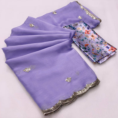 Lavender Floral Sequins Embroidered Chiffon Saree