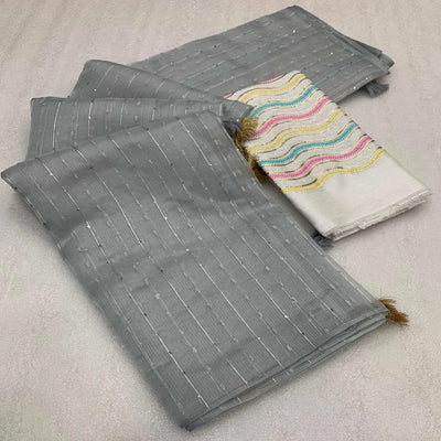 Grey Sequins Embroidered Organza Saree