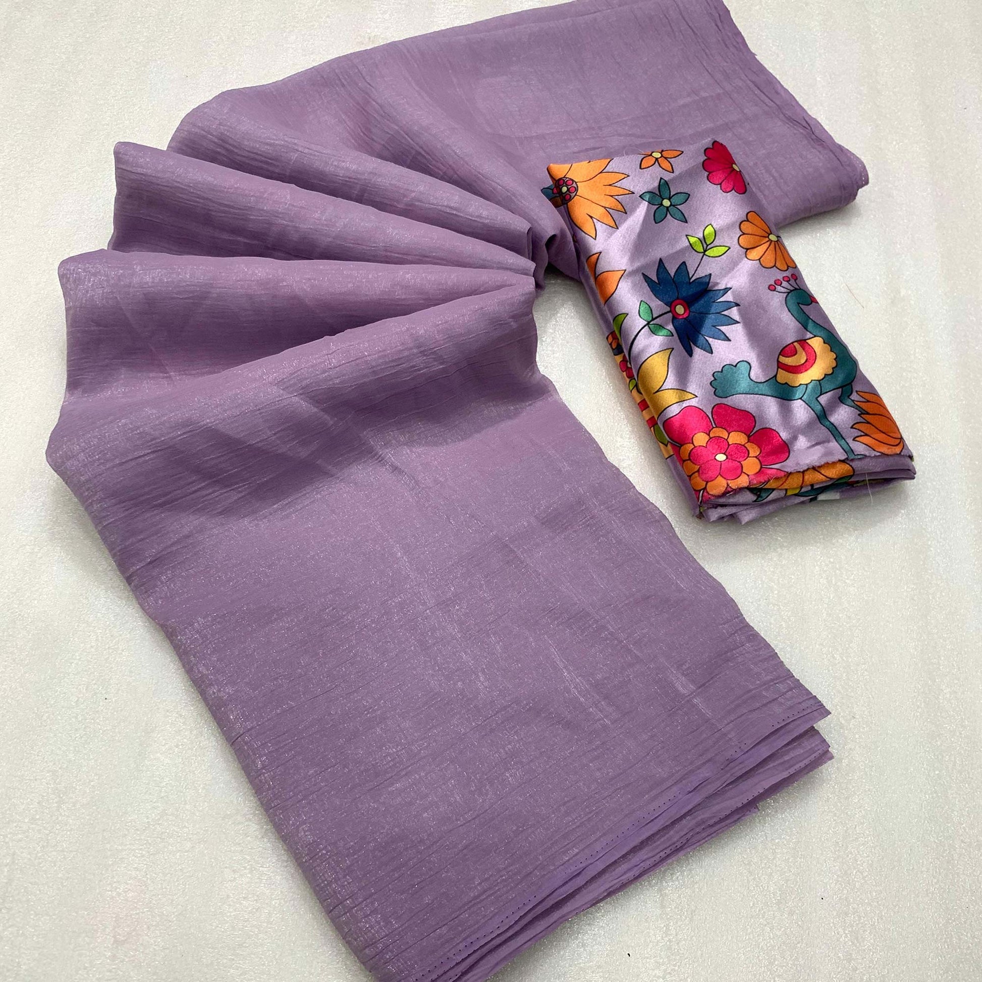 Lavender Solid Crepe Crush Saree