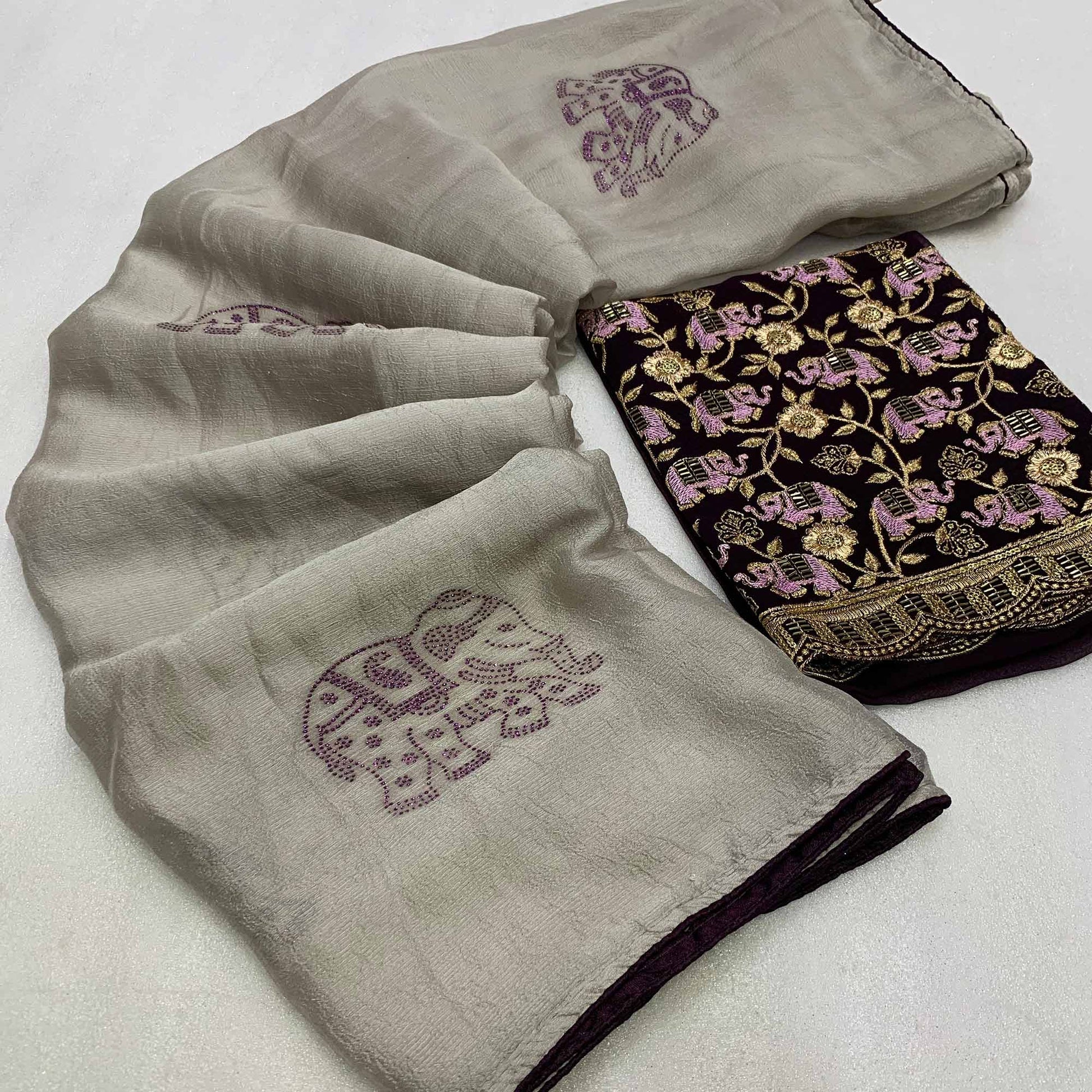 Grey Swarovski Embroidered Art Silk Saree