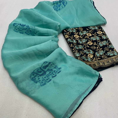 Turquoise Swarovski Embroidered Art Silk Saree