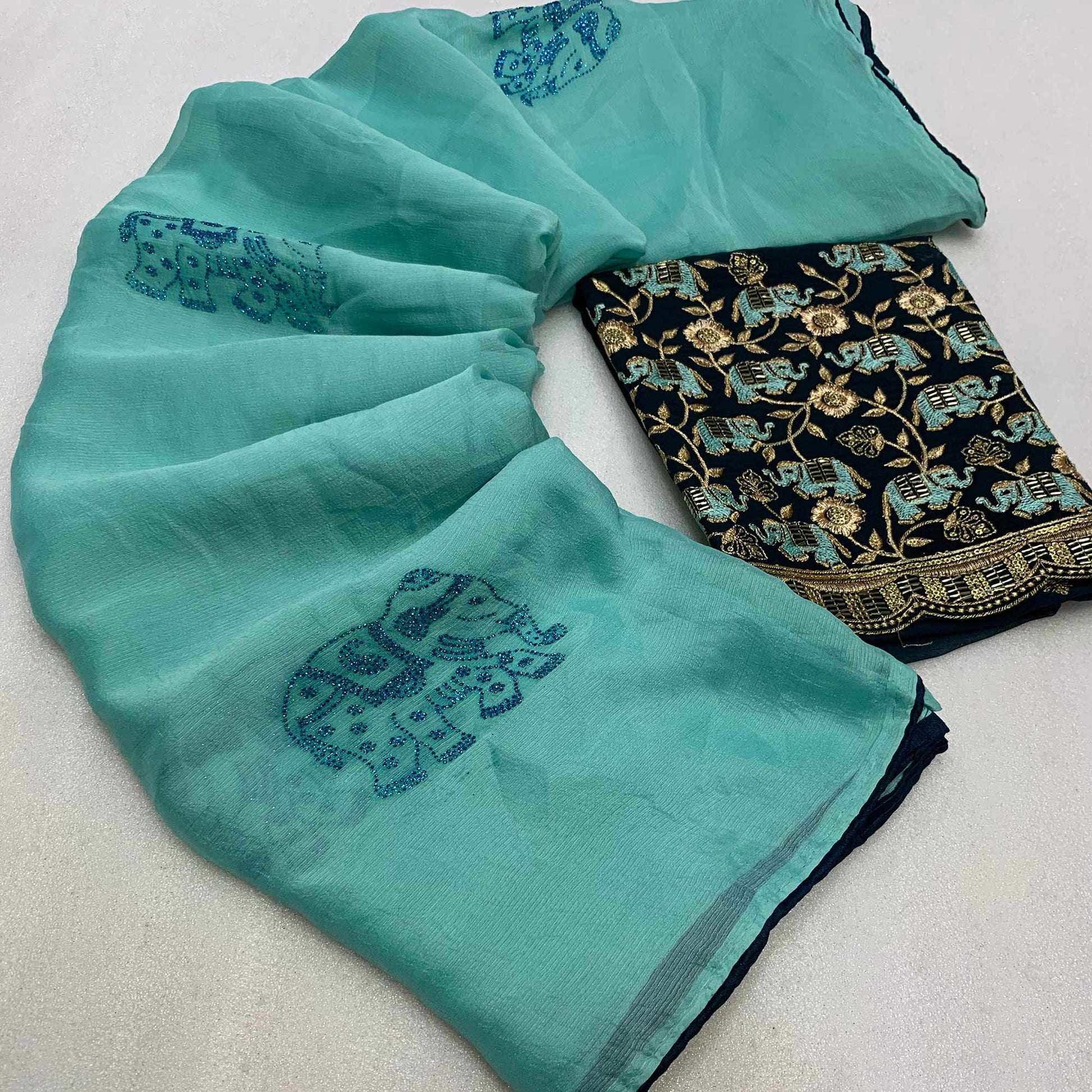 Turquoise Swarovski Embroidered Art Silk Saree