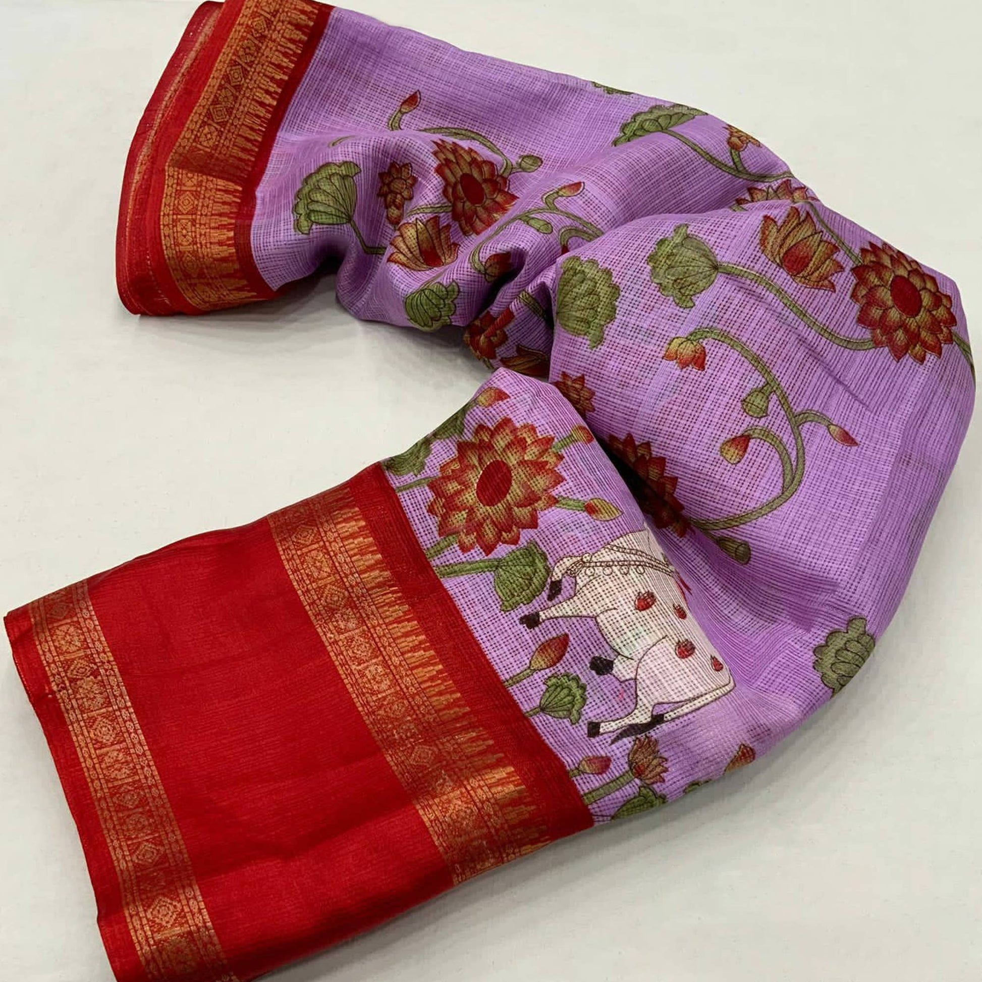 Lavender Floral Printed Kota Doria Saree