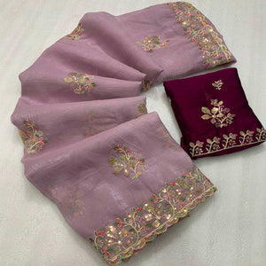 Lavender Floral Embroidered Crunchy Chiffon Saree