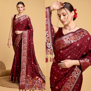 Maroon Floral Woven Banarasi Silk Saree