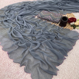 Grey Solid Georgette Saree