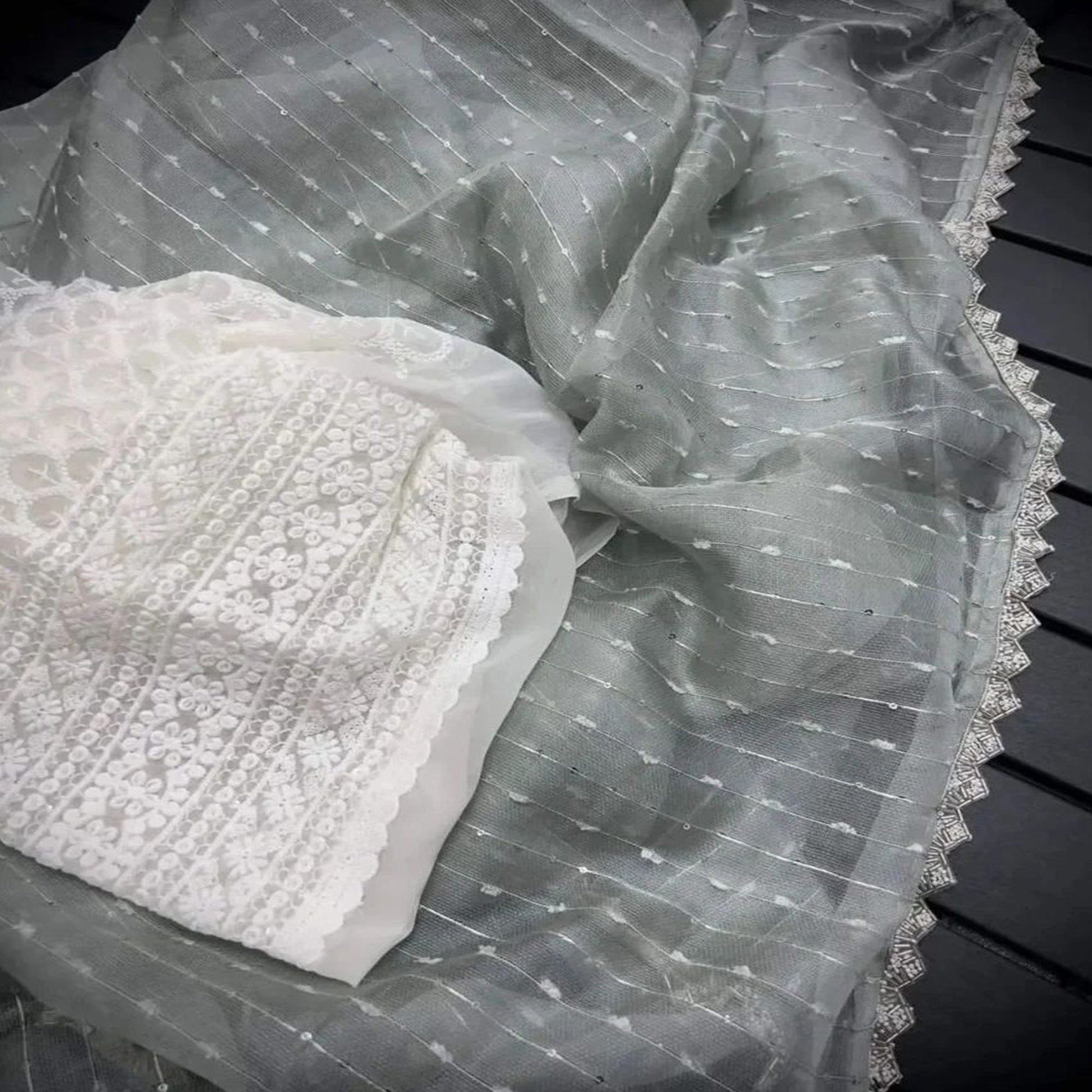Grey Sequins Embroidered Organza Saree