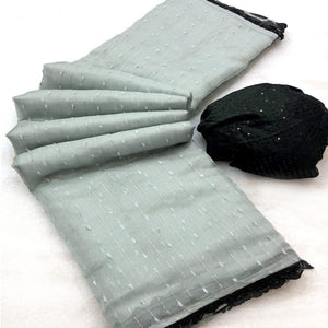 Grey Woven Organza Saree With Beads Work Border
